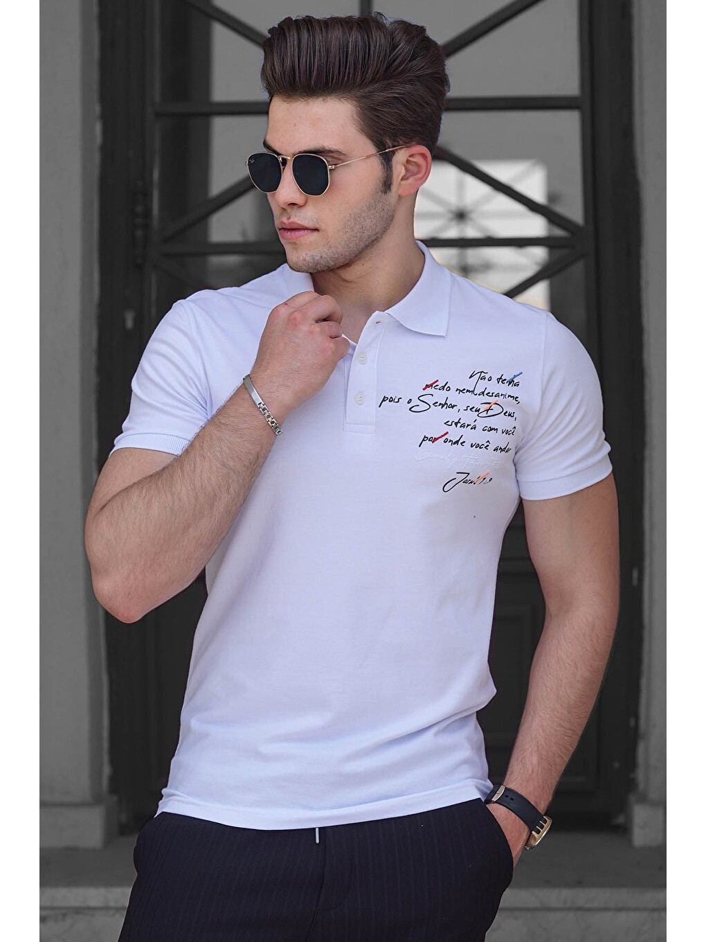 Poloyaka Nakışlı Beyaz Erkek Tişört 4634