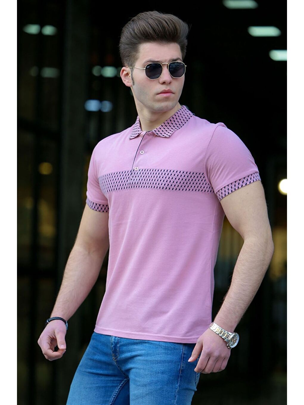 Pembe Pudra Desenli Polo Yaka Erkek Tişört 3058-2