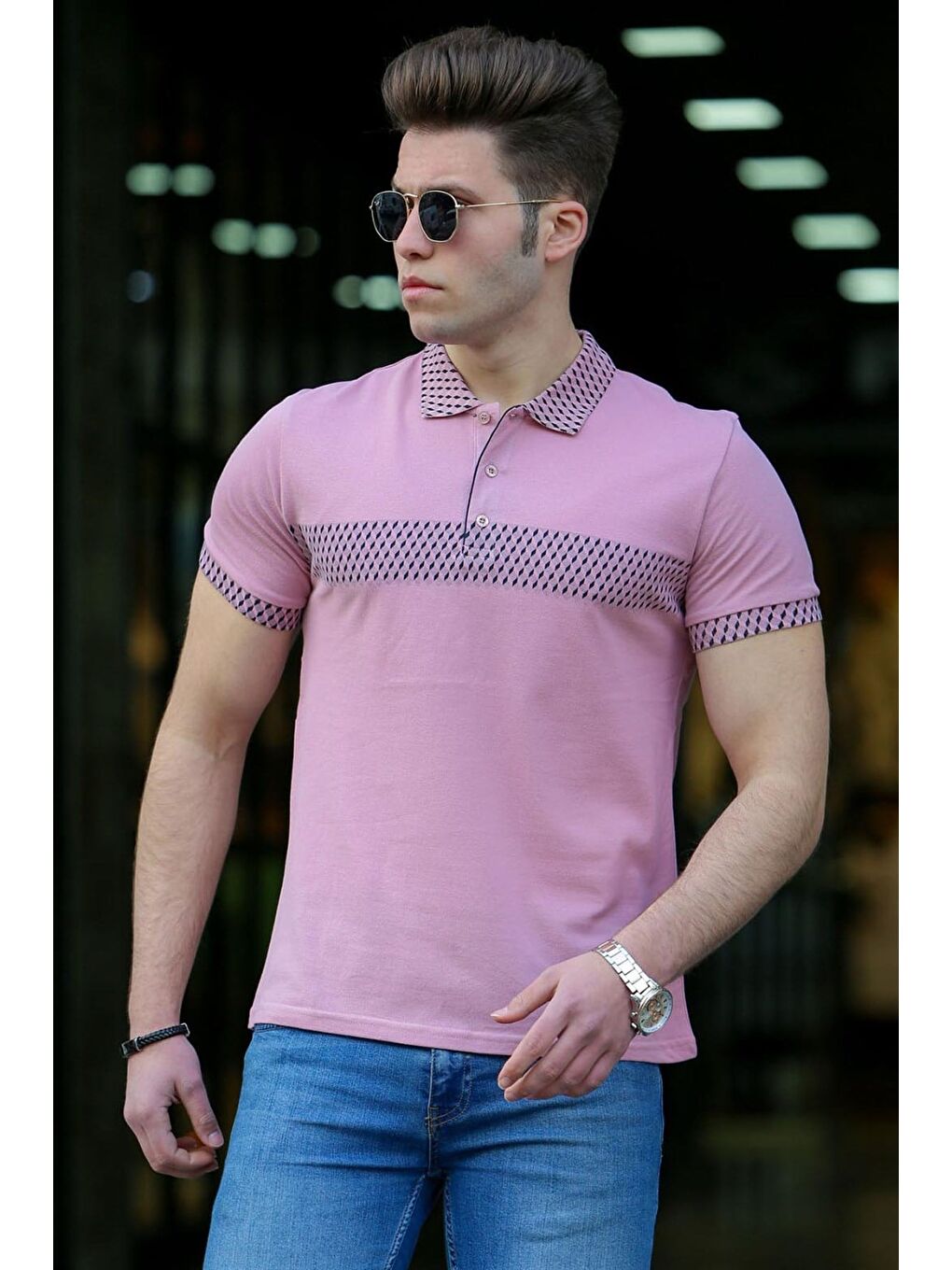 Pembe Pudra Desenli Polo Yaka Erkek Tişört 3058-2-1