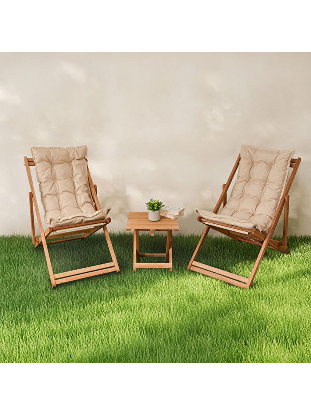 Kahverengi Flex Minderli ve Sehpalı 2’li Şezlong Seti - Natürel / Bej