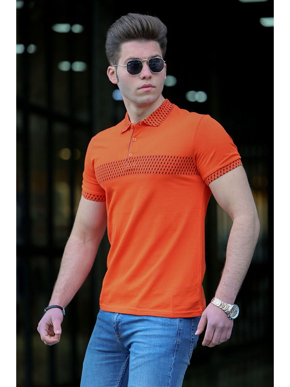 Turuncu Desenli Polo Yaka Erkek Tişört 3058-6