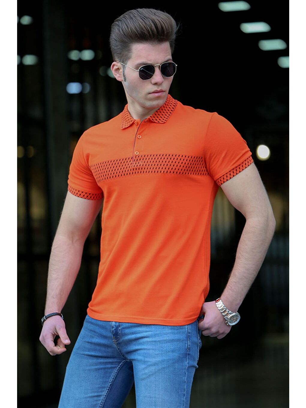Turuncu Desenli Polo Yaka Erkek Tişört 3058-6-1