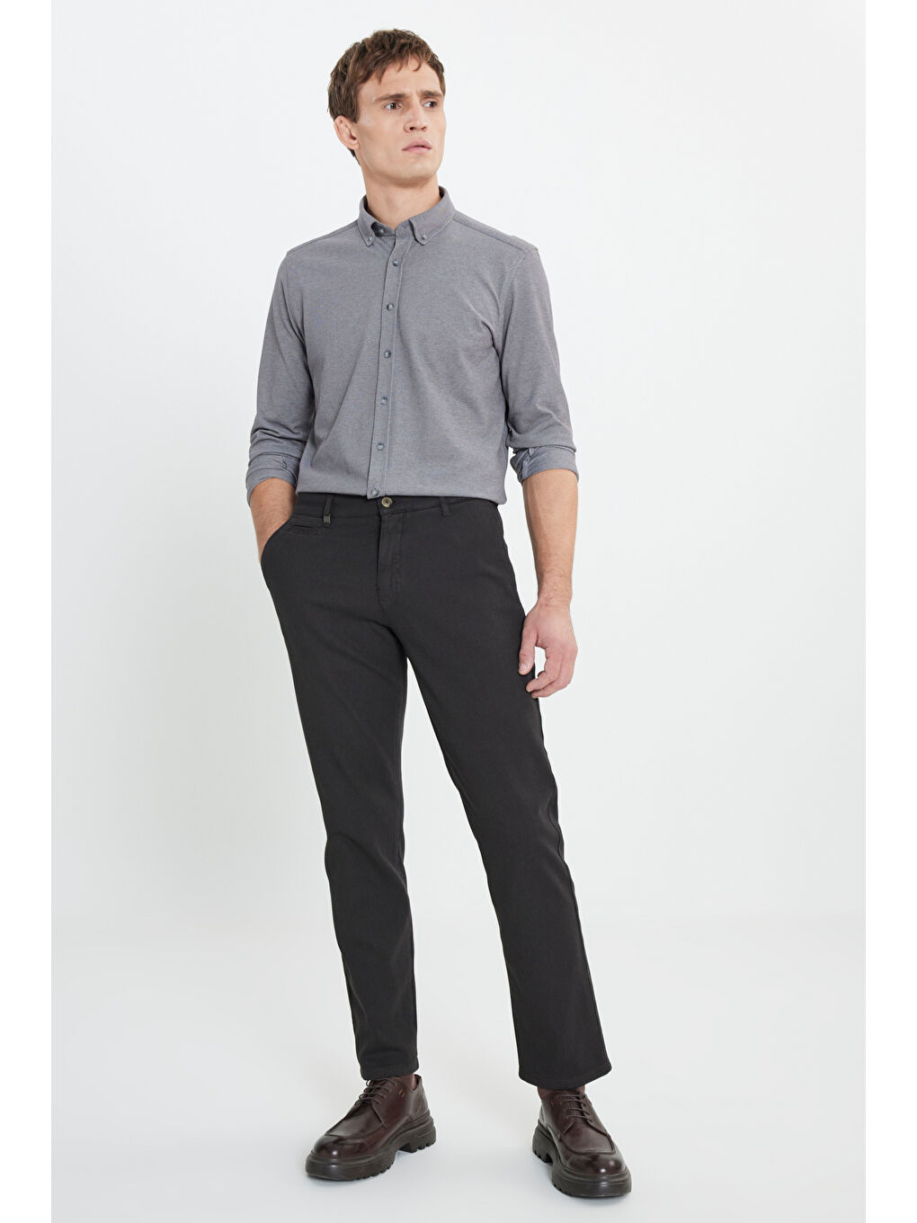 Erkek Kahverengi Pamuklu Comfort Fit Rahat Kesim Armürlü Yan Cep Esnek Casual Pantolon-2