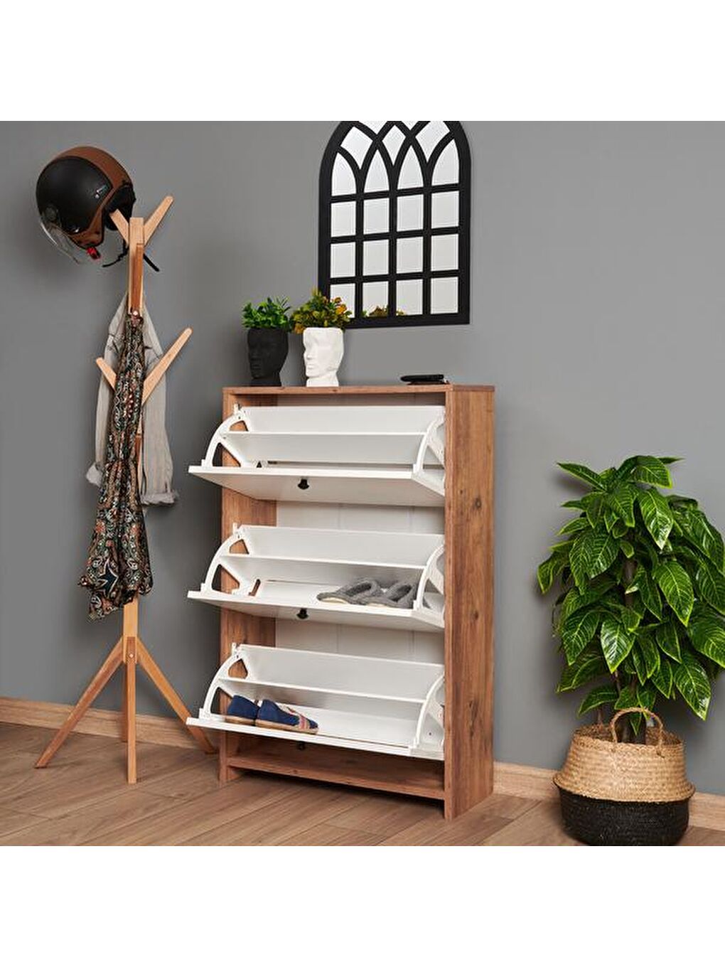 Kahverengi Aspendos Düşer Kapak Ayakkabılık - Atlantik Çam / Beyaz-4