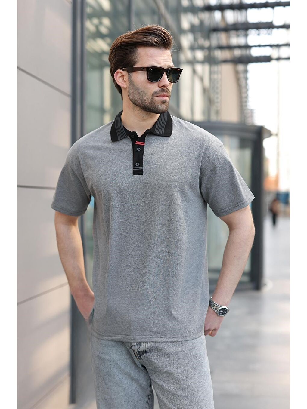 Antrasit Polo Yaka Erkek T-Shirt E7147-1