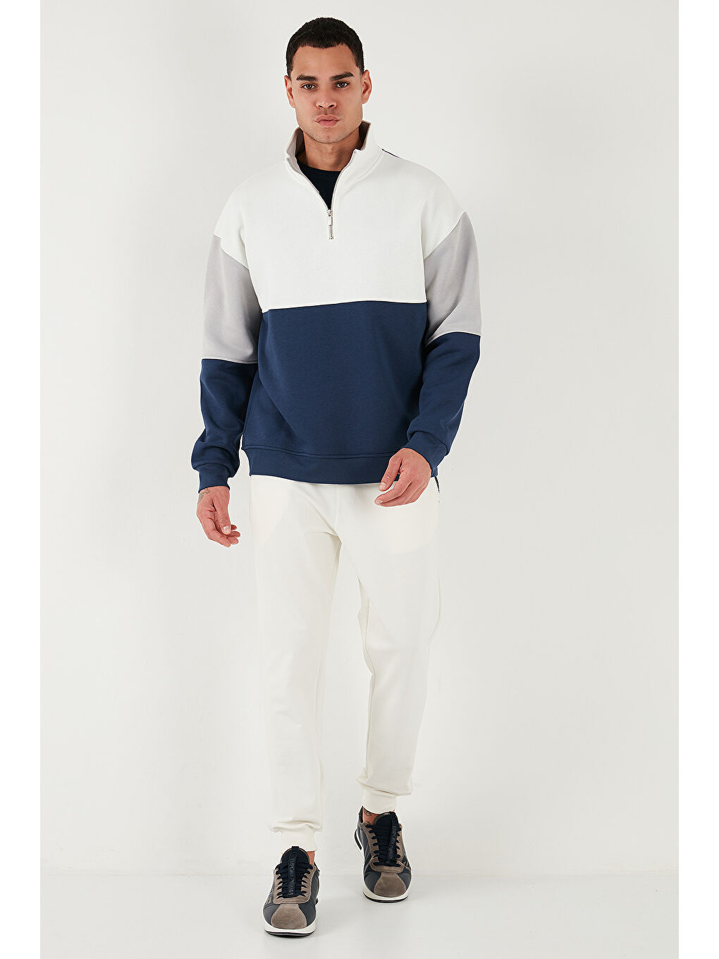 İndigo Renk Bloklu Regular Fit Yarım Fermuarlı Dik Yaka Sweat 5905719-2