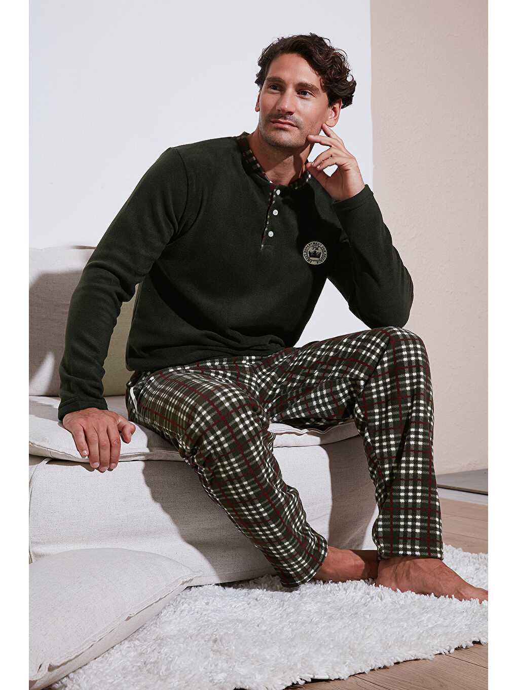 Haki Regular Fit Bisiklet Yaka Kışlık Yumuşak Dokulu Polar Erkek Pijama Takımı 6096100