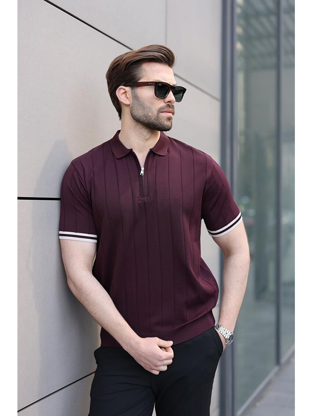 Erkek Mürdüm Polo Yaka Fermuarlı Tişört 6876