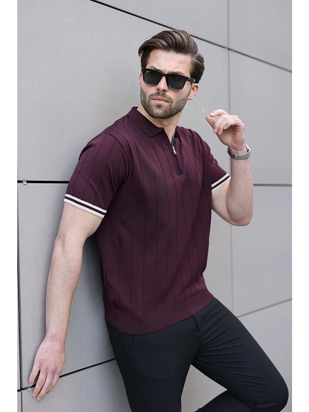 Erkek Mürdüm Polo Yaka Fermuarlı Tişört 6876-1