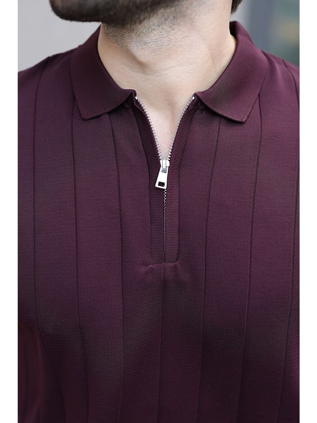 Erkek Mürdüm Polo Yaka Fermuarlı Tişört 6876-2