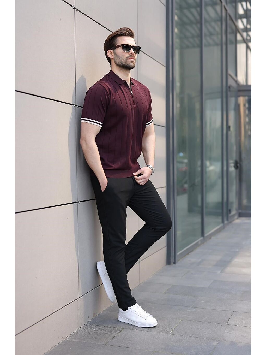 Erkek Mürdüm Polo Yaka Fermuarlı Tişört 6876-4