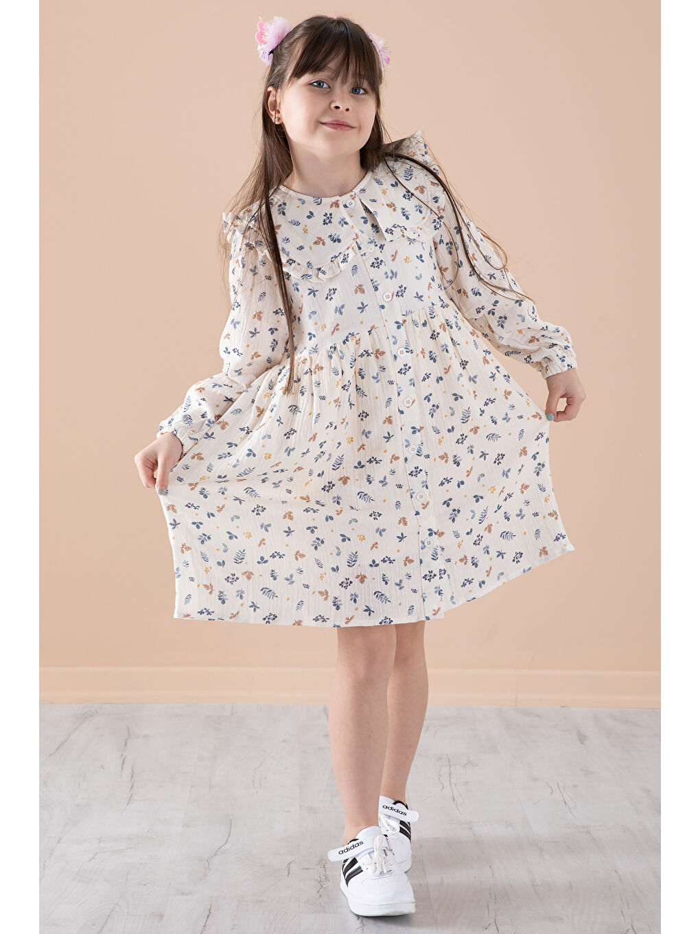 Mavi Yaprak Desenli Düğmeli Müslin Kız Çocuk Elbise 20310