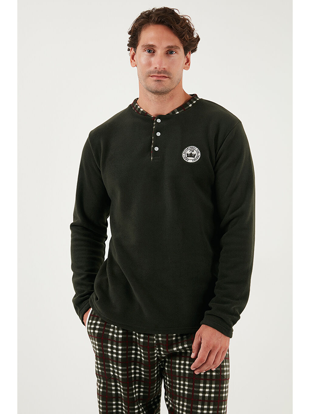 Haki Regular Fit Bisiklet Yaka Kışlık Yumuşak Dokulu Polar Erkek Pijama Takımı 6096100-1