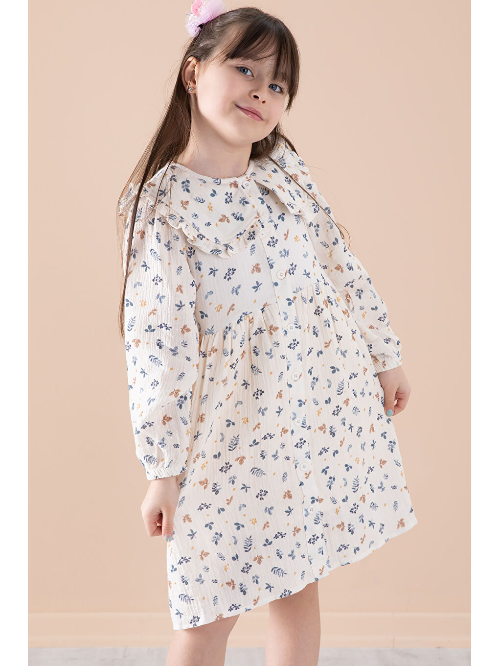 Mavi Yaprak Desenli Düğmeli Müslin Kız Çocuk Elbise 20310-1