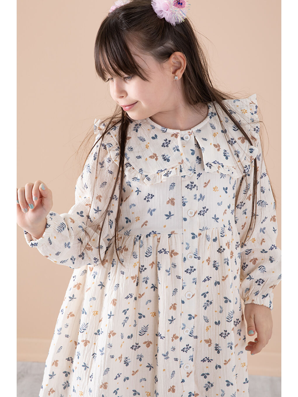 Mavi Yaprak Desenli Düğmeli Müslin Kız Çocuk Elbise 20310-3