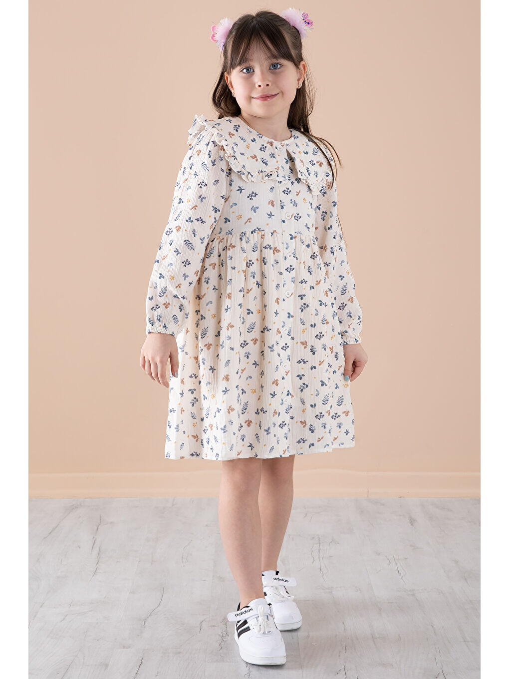 Mavi Yaprak Desenli Düğmeli Müslin Kız Çocuk Elbise 20310-4