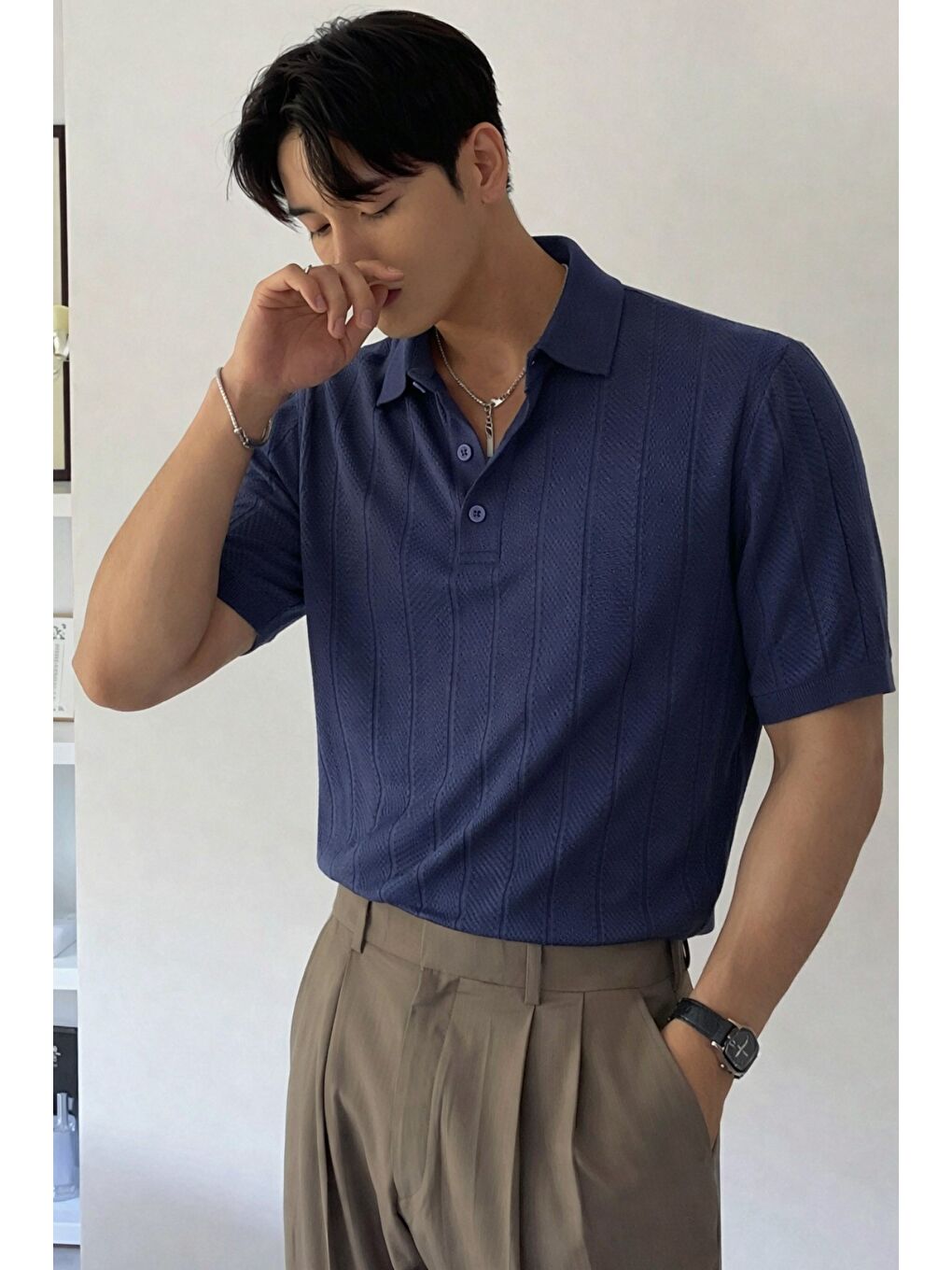 Lacivert Erkek Triko Polo Yaka Tişört Slim İnce Dokulu Basic Triko T-Shirt