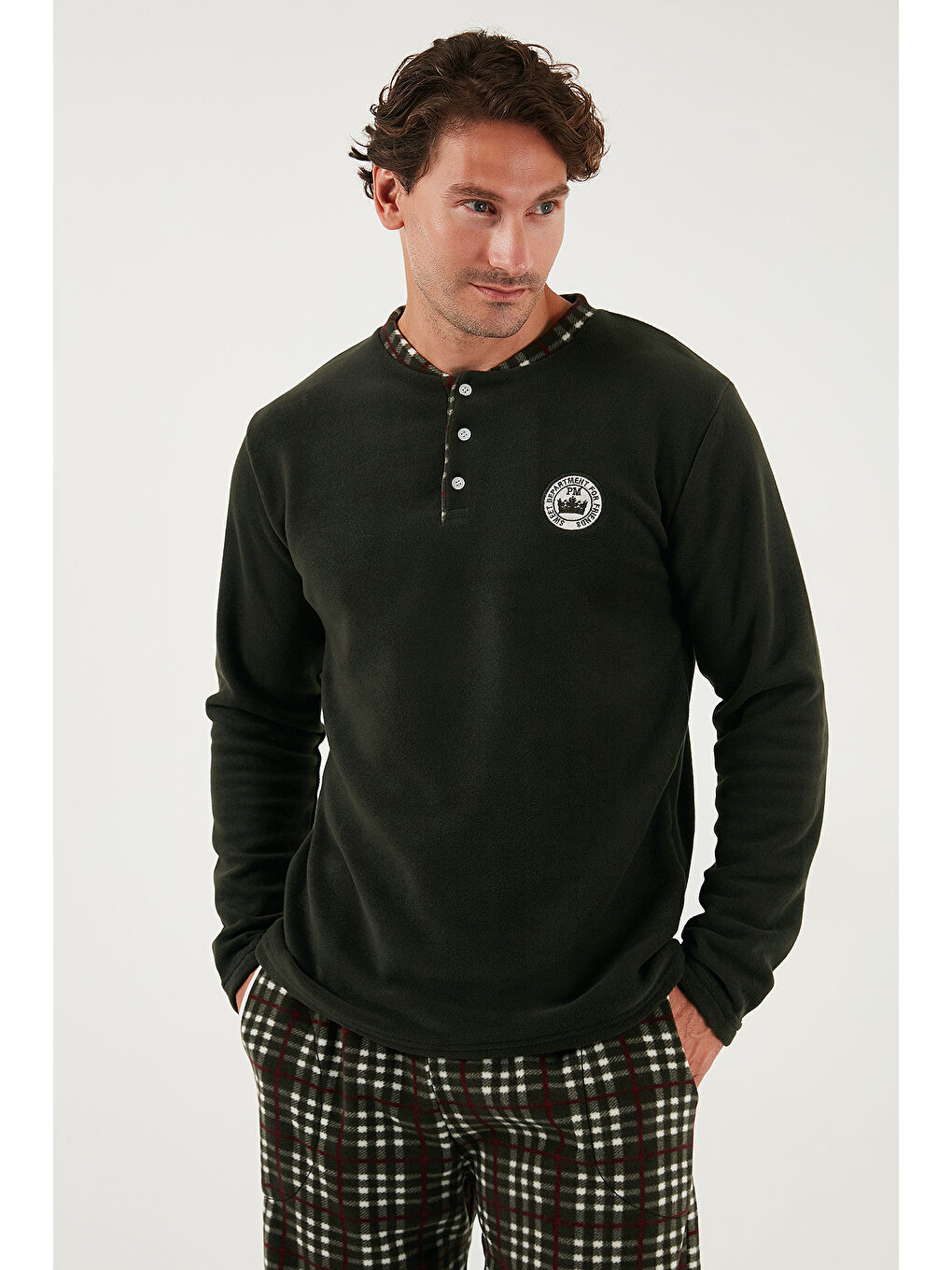 Haki Regular Fit Bisiklet Yaka Kışlık Yumuşak Dokulu Polar Erkek Pijama Takımı 6096100-2