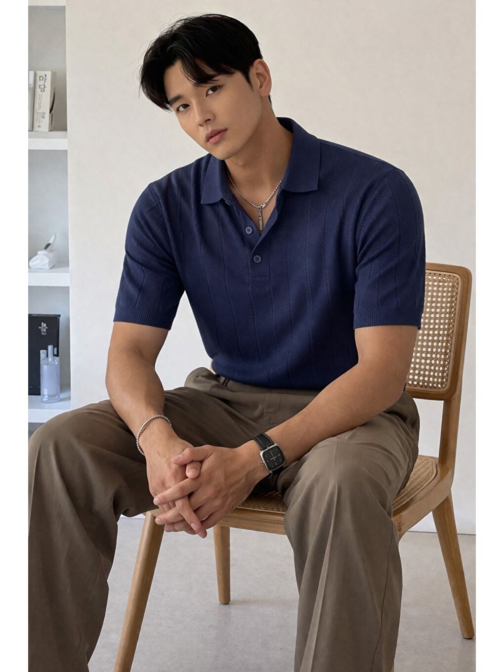 Lacivert Erkek Triko Polo Yaka Tişört Slim İnce Dokulu Basic Triko T-Shirt-1