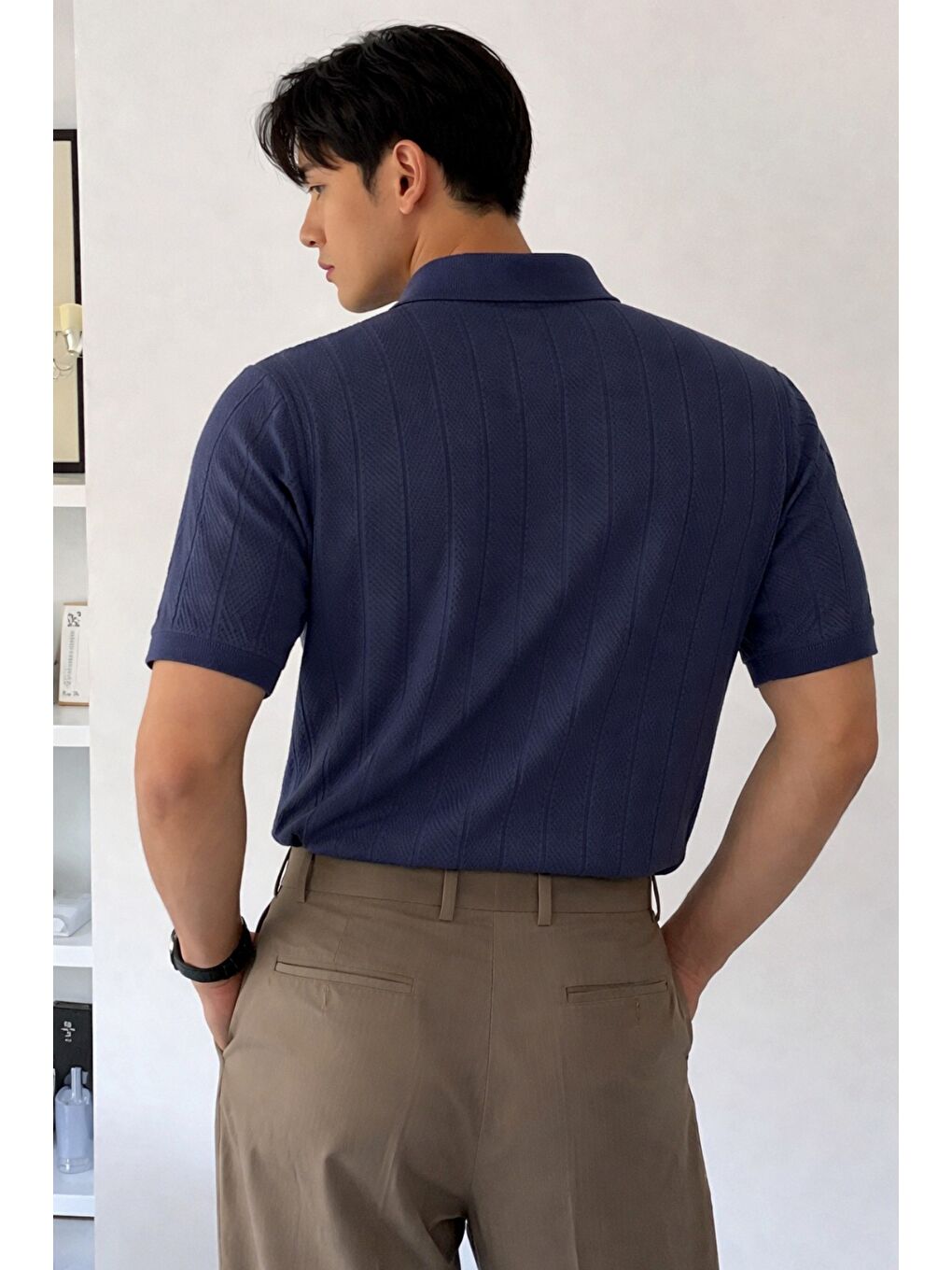 Lacivert Erkek Triko Polo Yaka Tişört Slim İnce Dokulu Basic Triko T-Shirt-2