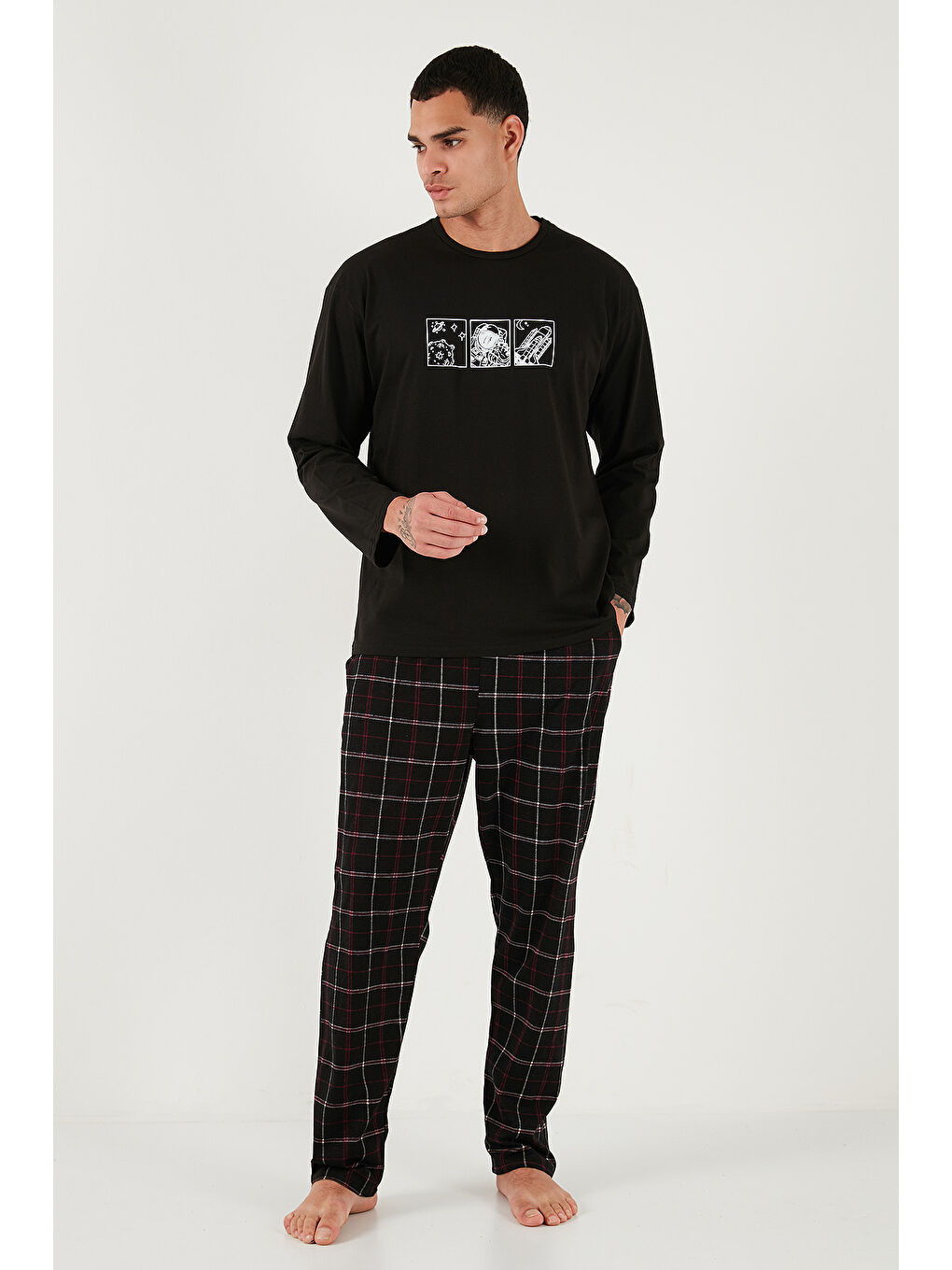 Siyah Ekoseli Pamuklu Regular Fit Yükske Bel Bisiklet Yaka %100 Pamuk Pijama Takımı 6574000-1