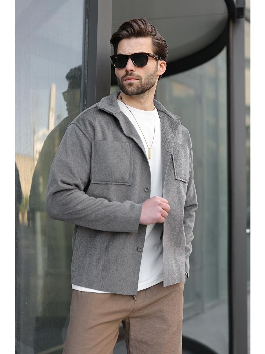 Antrasit Cepli Basic Erkek Polar Gömlek Ceket E6764-5