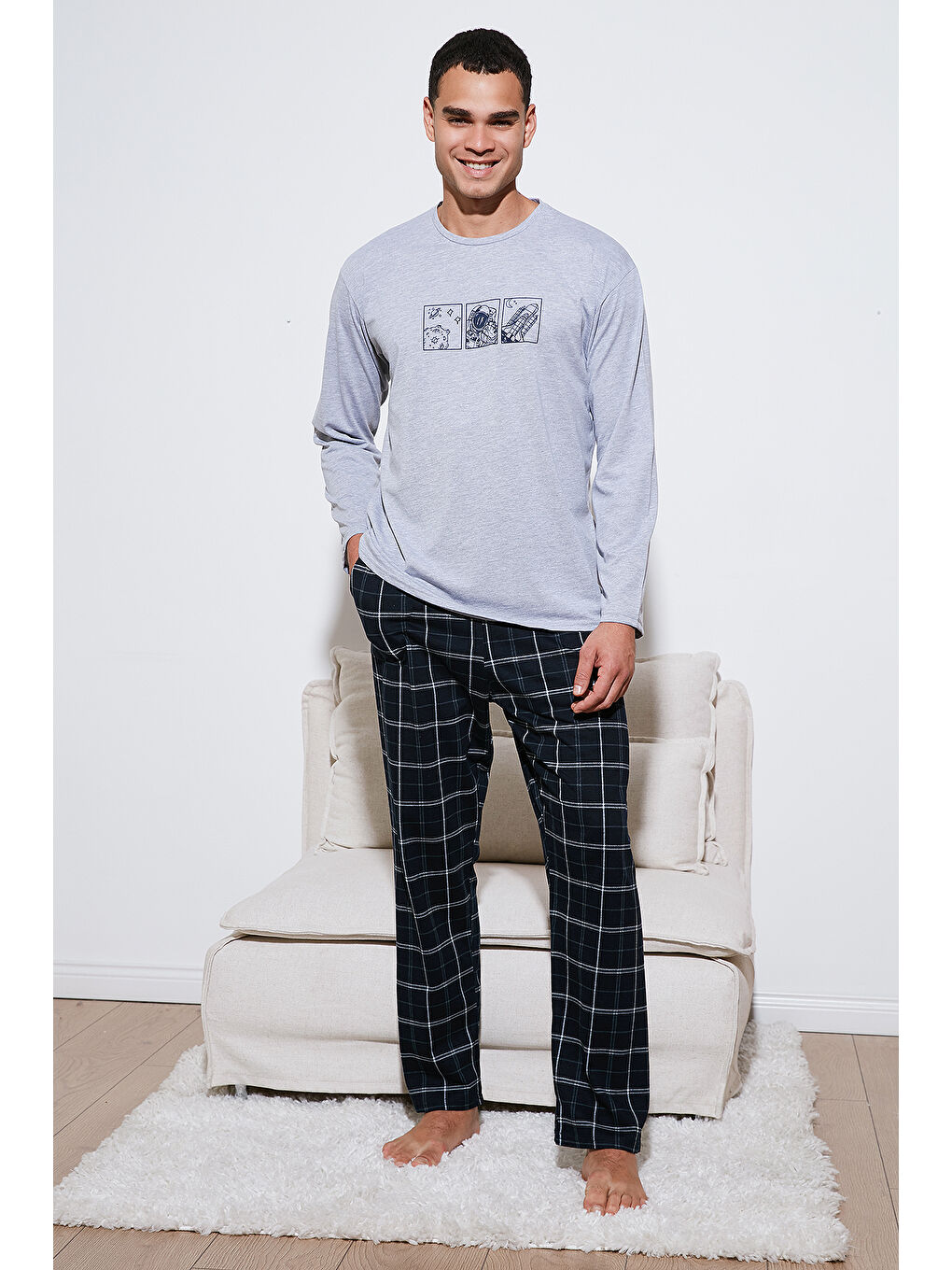 Gri Ekoseli Pamuklu Regular Fit Yükske Bel Bisiklet Yaka %100 Pamuk Pijama Takımı 6574000