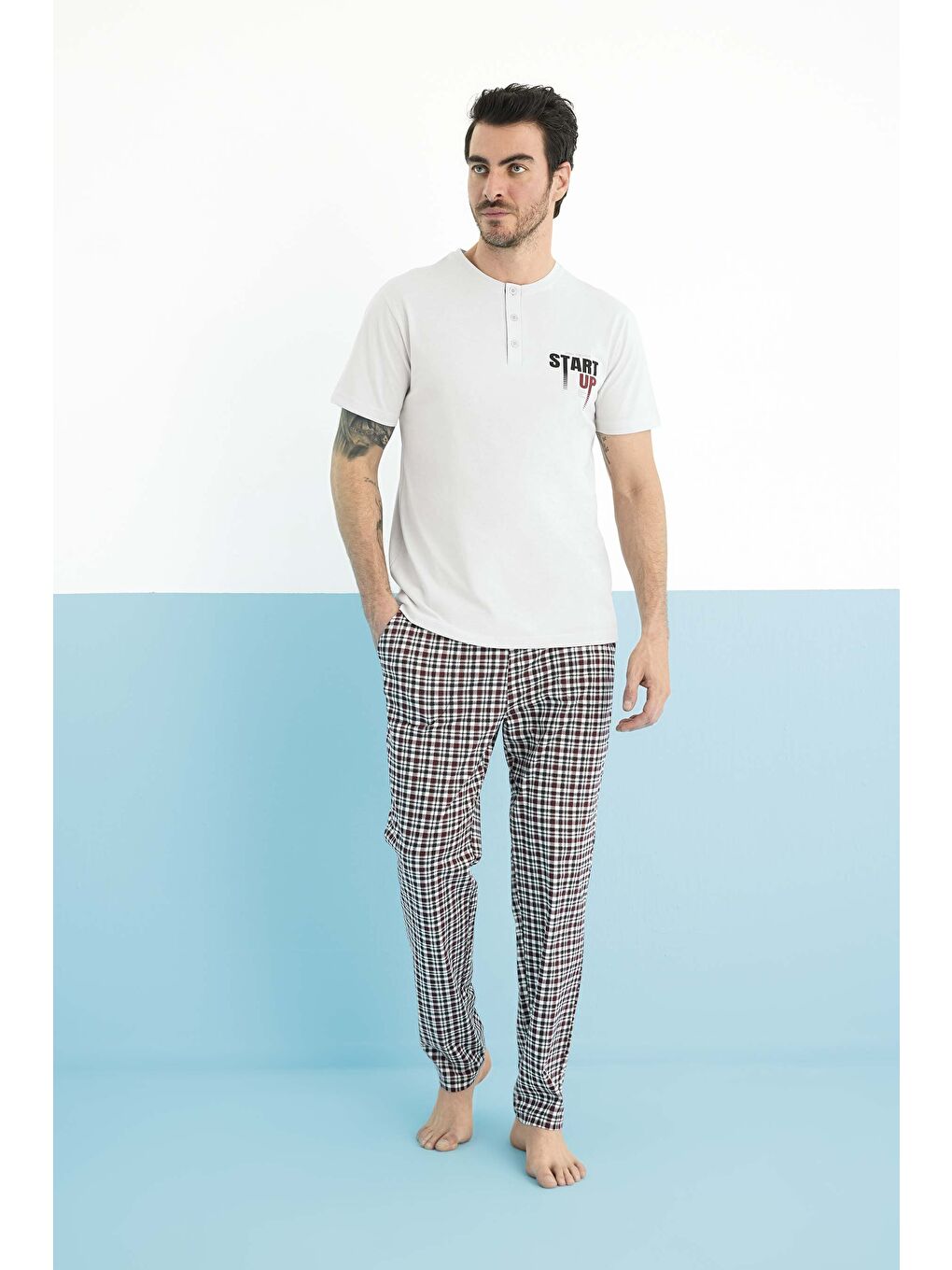 Bej Erkek Penye Bisiklet Yaka Kısa Kol %100 Pamuk Pijama Takım