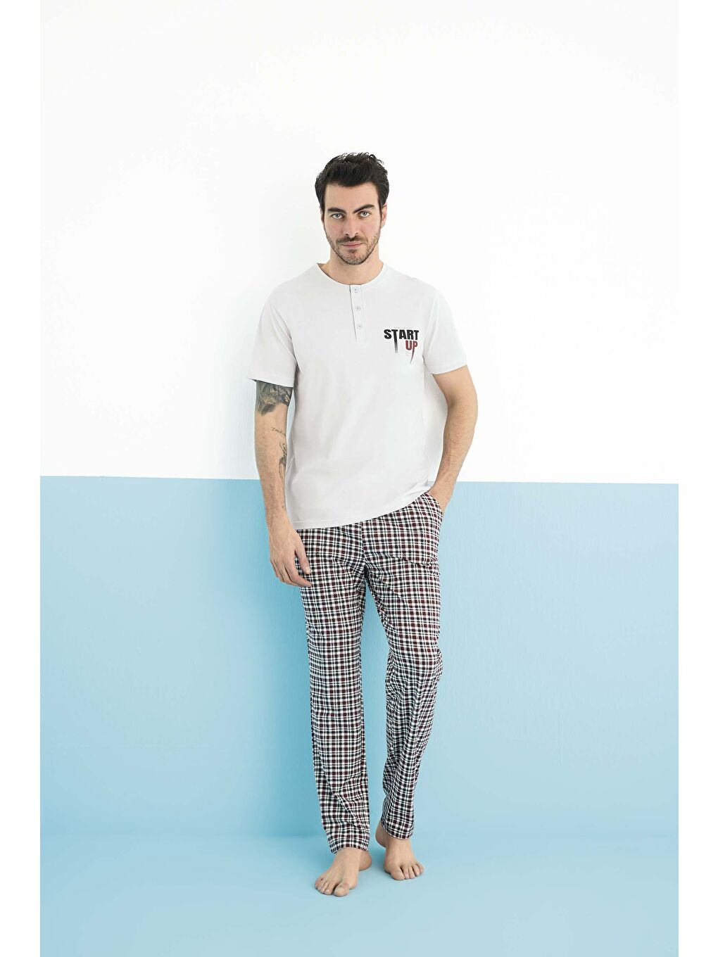 Bej Erkek Penye Bisiklet Yaka Kısa Kol %100 Pamuk Pijama Takım-1