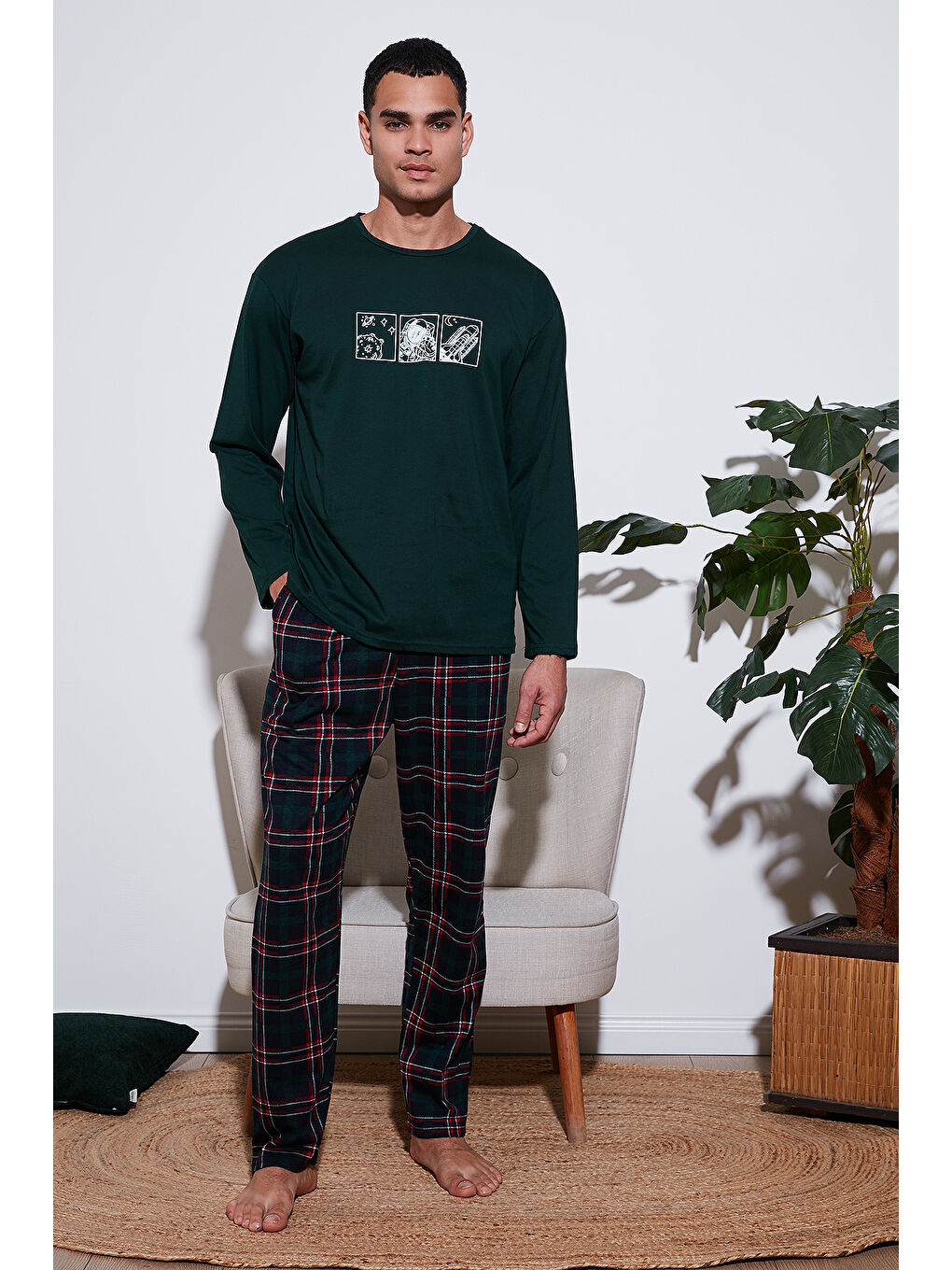 Yeşil Ekoseli Pamuklu Regular Fit Yükske Bel Bisiklet Yaka %100 Pamuk Pijama Takımı 6574000