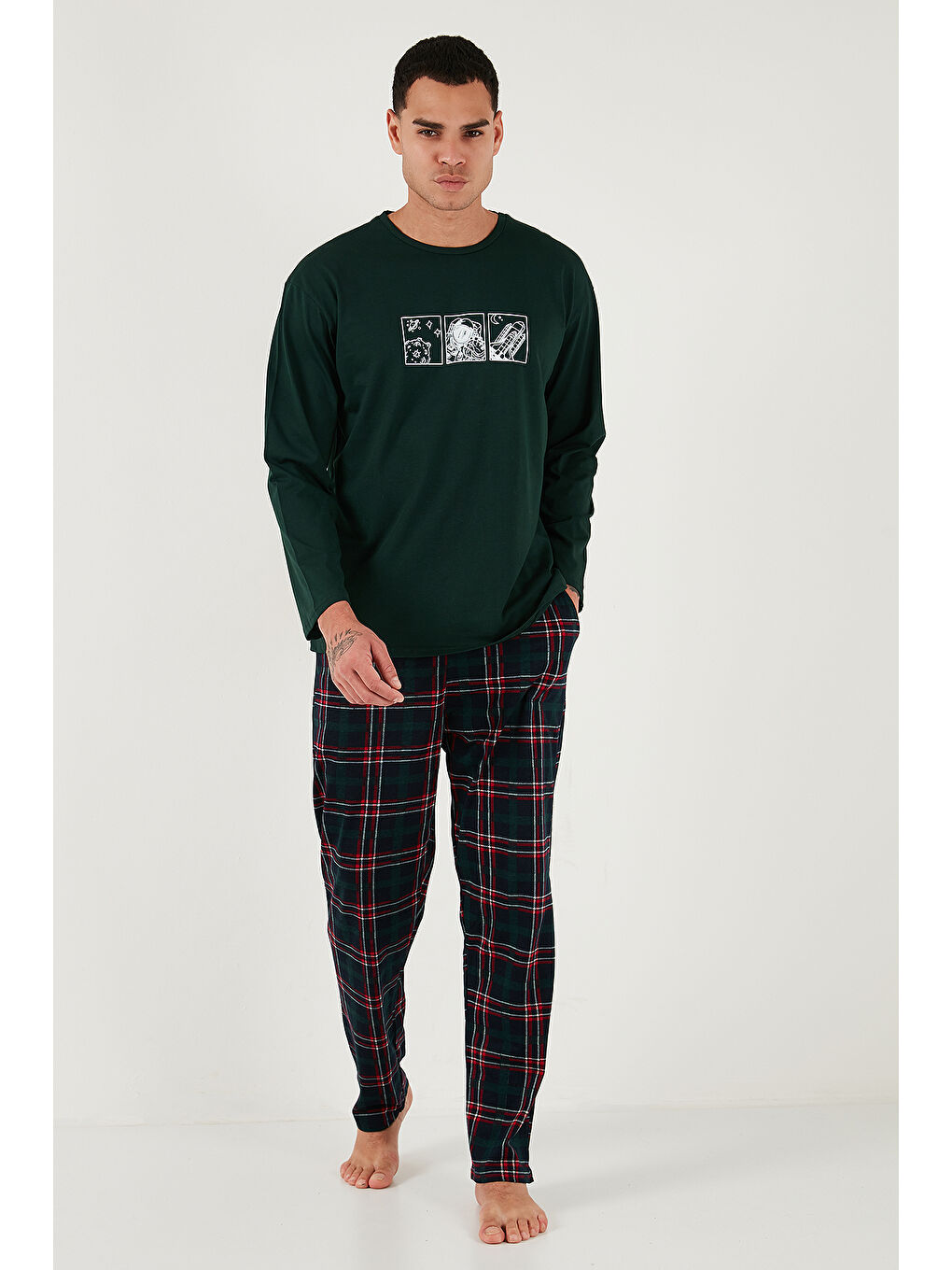 Yeşil Ekoseli Pamuklu Regular Fit Yükske Bel Bisiklet Yaka %100 Pamuk Pijama Takımı 6574000-1