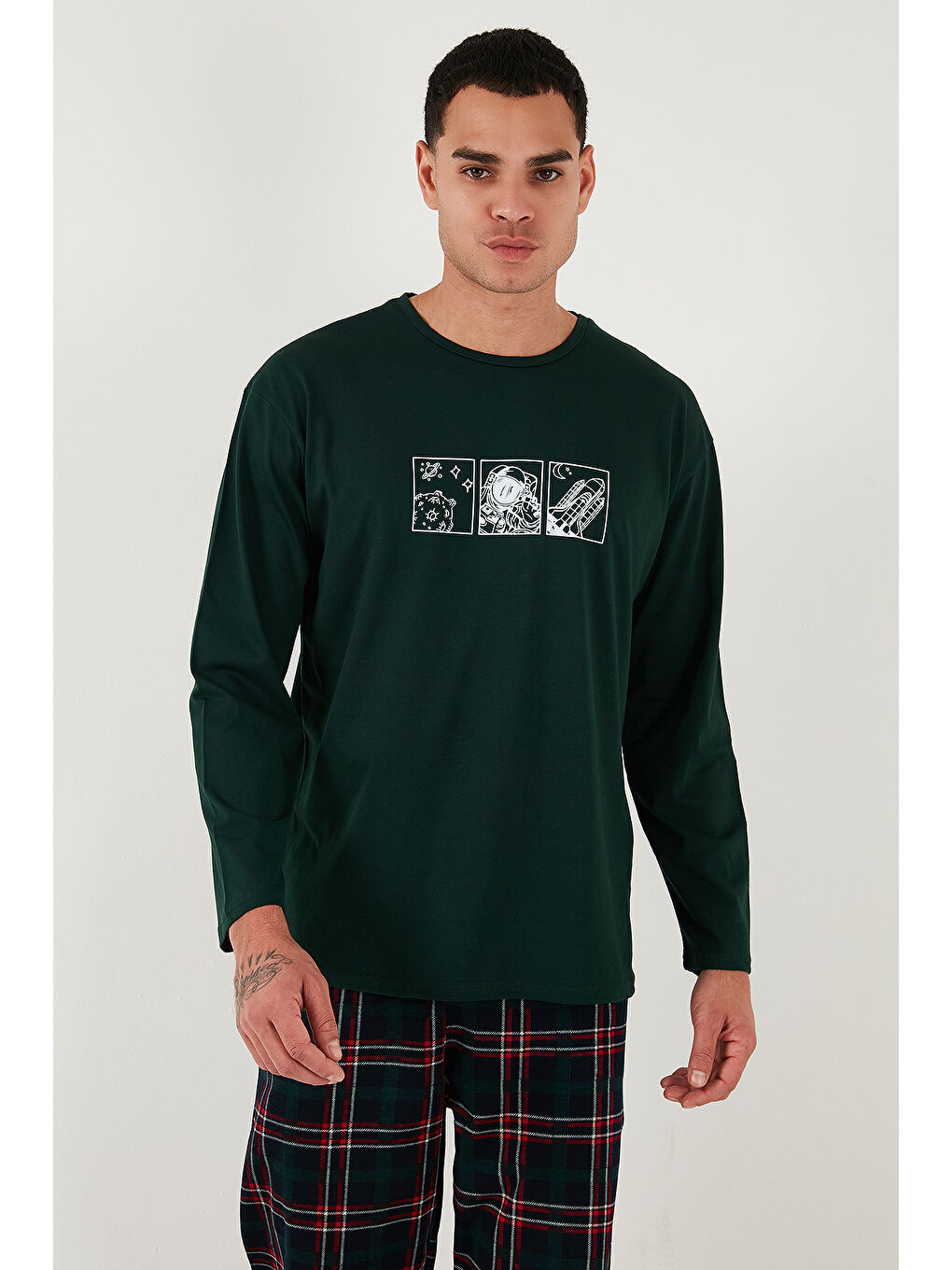 Yeşil Ekoseli Pamuklu Regular Fit Yükske Bel Bisiklet Yaka %100 Pamuk Pijama Takımı 6574000-2