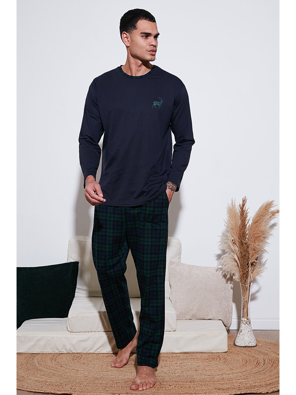 Lacivert Pamuklu Regular Fit Bisiklet Yaka Ekoseli %100 Pamuk Pijama Takımı 6574001