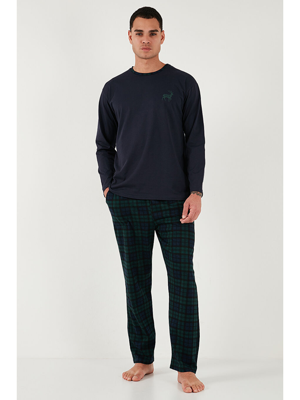 Lacivert Pamuklu Regular Fit Bisiklet Yaka Ekoseli %100 Pamuk Pijama Takımı 6574001-1