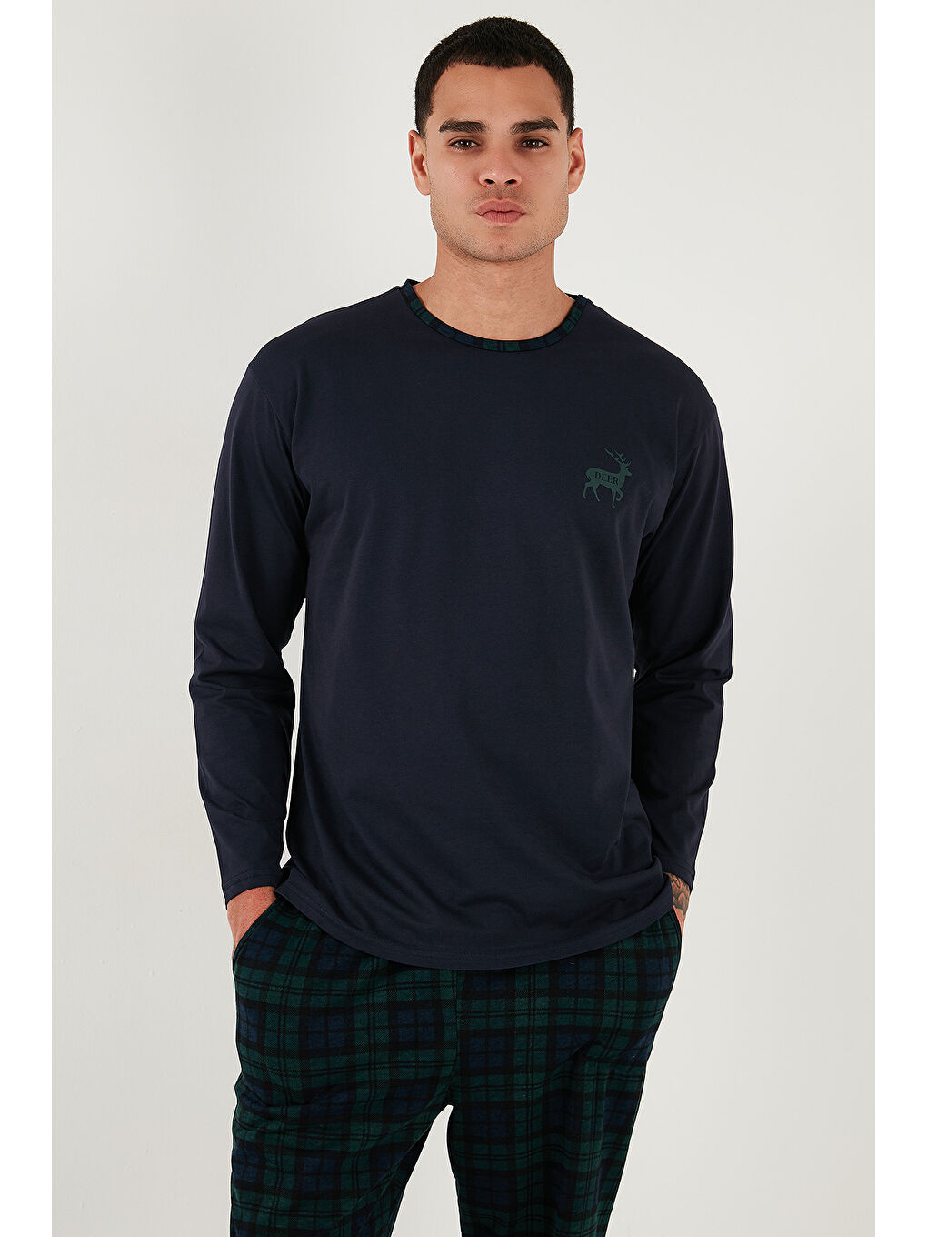 Lacivert Pamuklu Regular Fit Bisiklet Yaka Ekoseli %100 Pamuk Pijama Takımı 6574001-2