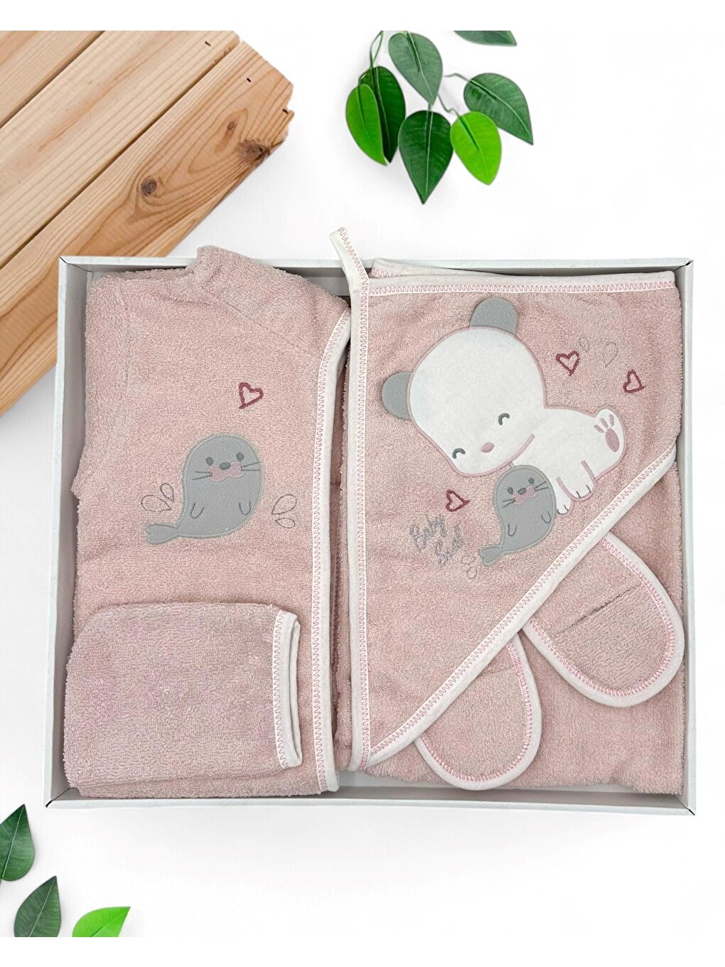 Pembe Kız Bebek Kedi Detaylı Lüks Bornoz Takımı Havlu Seti Pamuk Kumaş-1