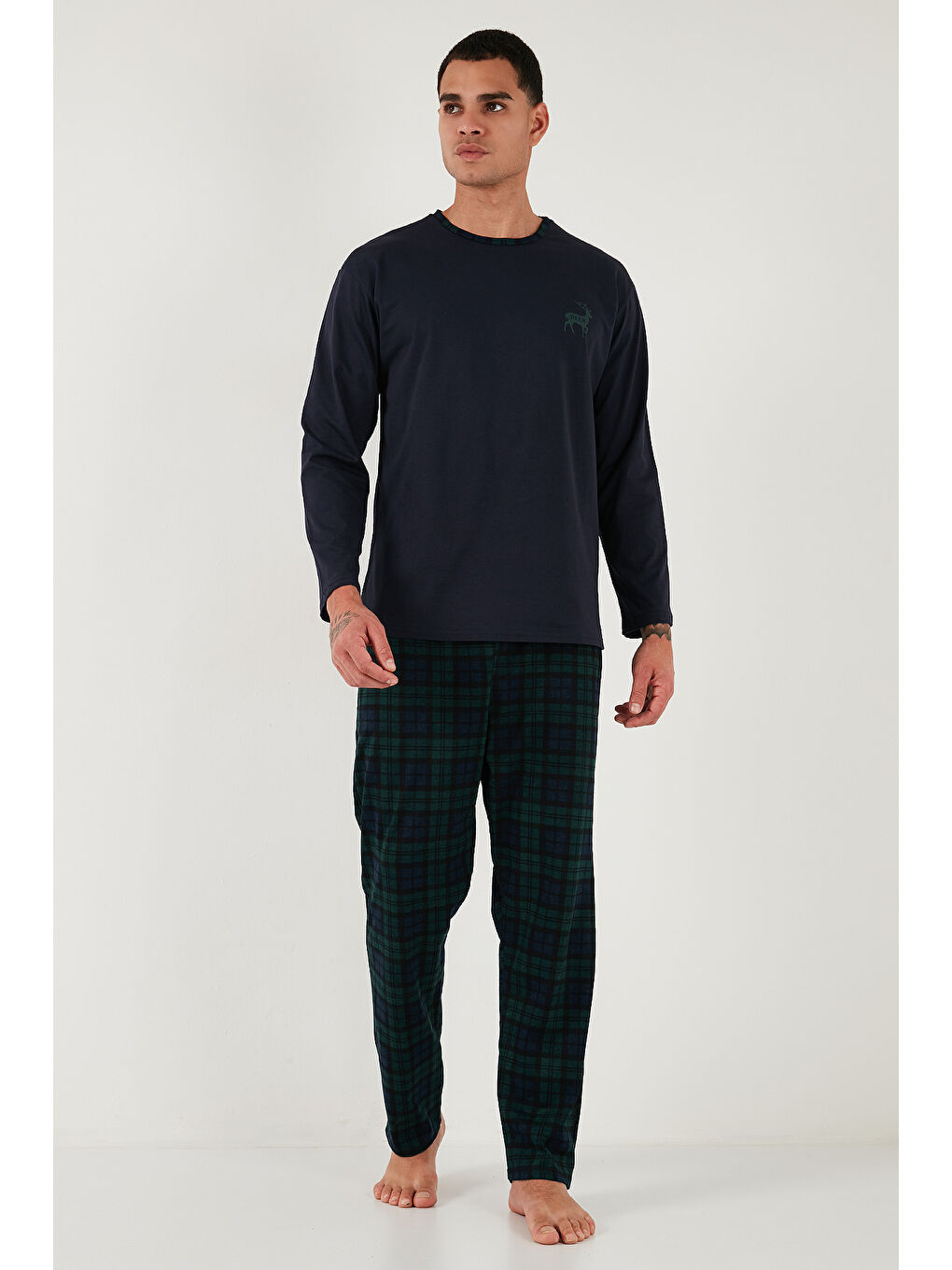 Lacivert Pamuklu Regular Fit Bisiklet Yaka Ekoseli %100 Pamuk Pijama Takımı 6574001-3