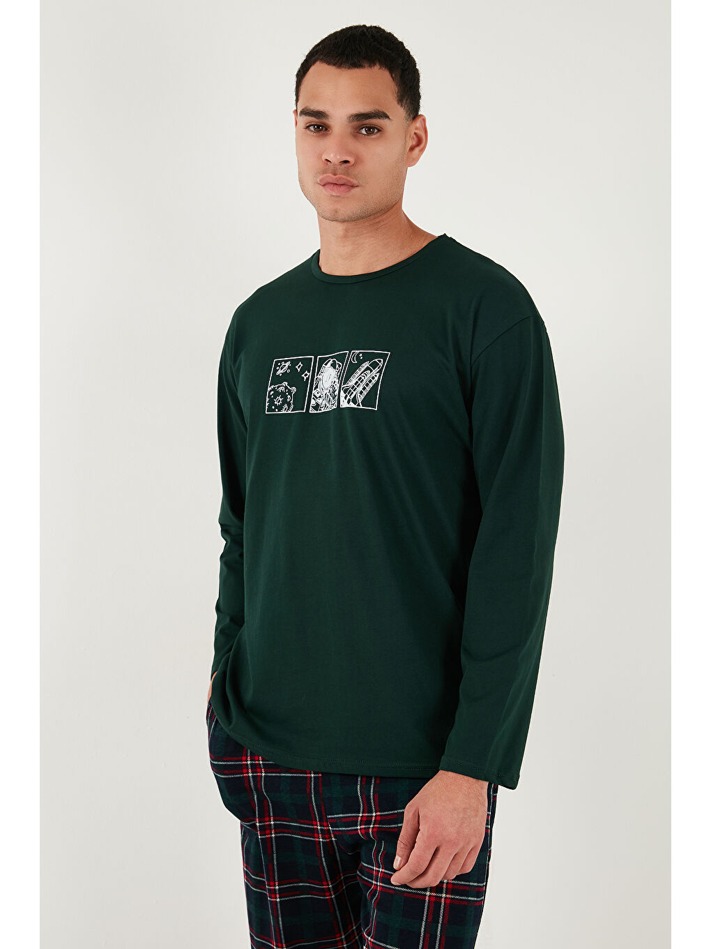 Yeşil Ekoseli Pamuklu Regular Fit Yükske Bel Bisiklet Yaka %100 Pamuk Pijama Takımı 6574000-4