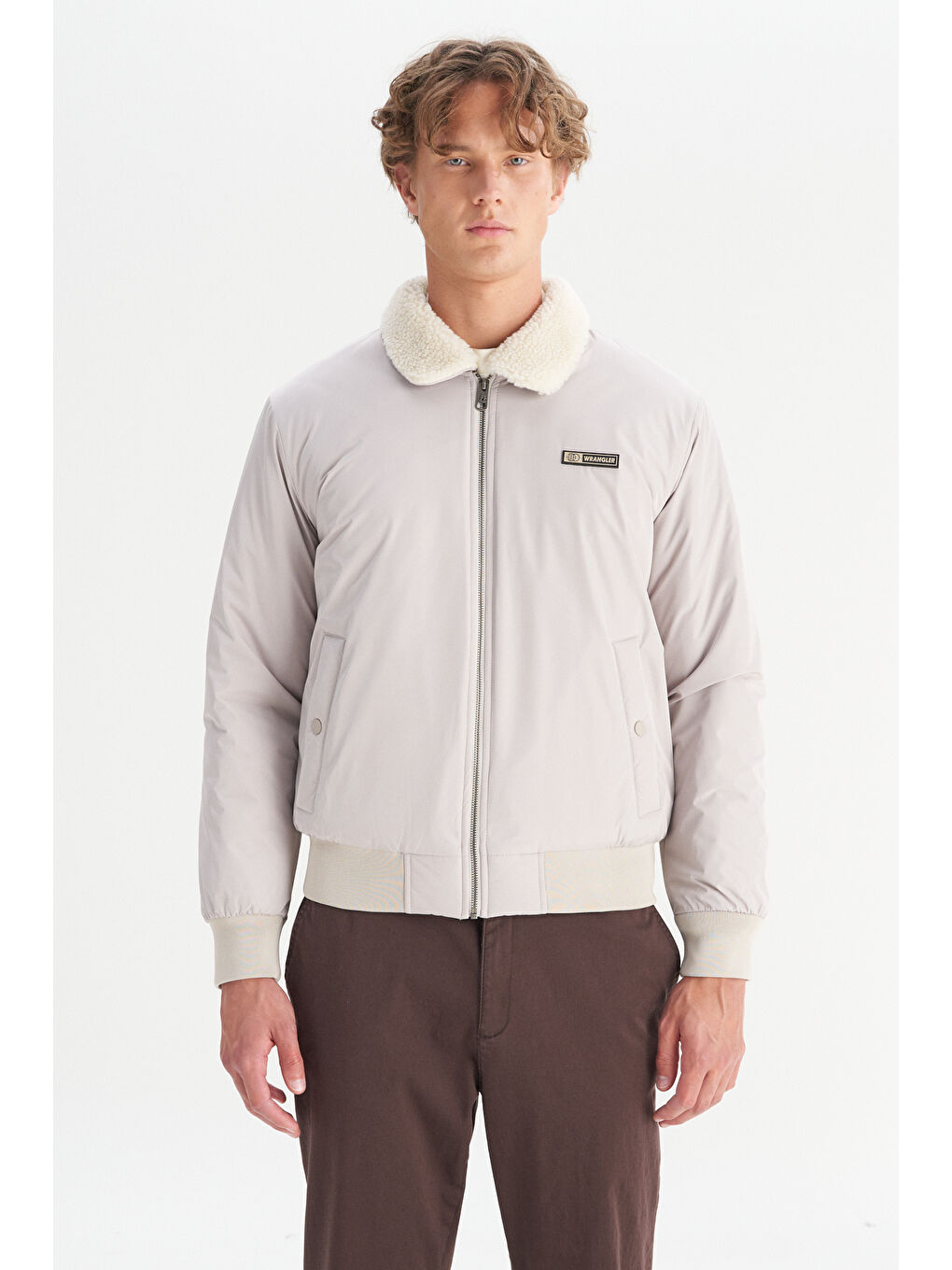 Bej Regular Fit Normal Kesim Gömlek Yaka Cepli Bomber Ceket Mont