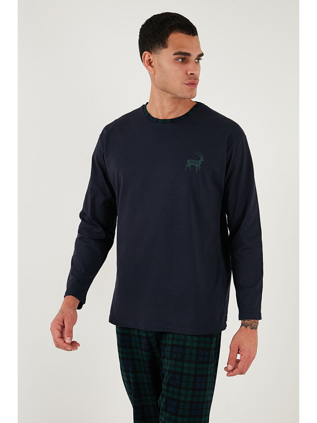 Lacivert Pamuklu Regular Fit Bisiklet Yaka Ekoseli %100 Pamuk Pijama Takımı 6574001-4