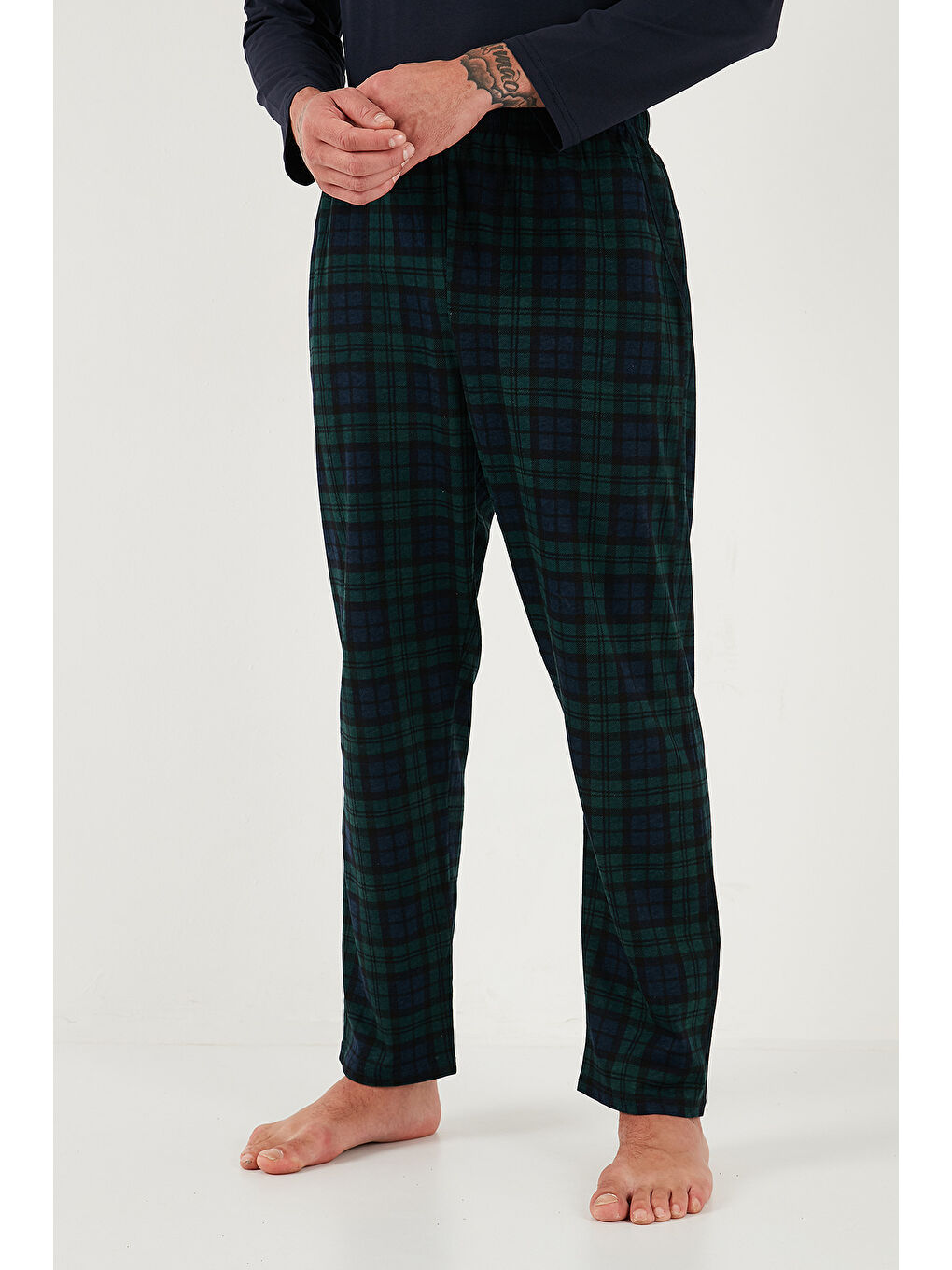 Lacivert Pamuklu Regular Fit Bisiklet Yaka Ekoseli %100 Pamuk Pijama Takımı 6574001-5