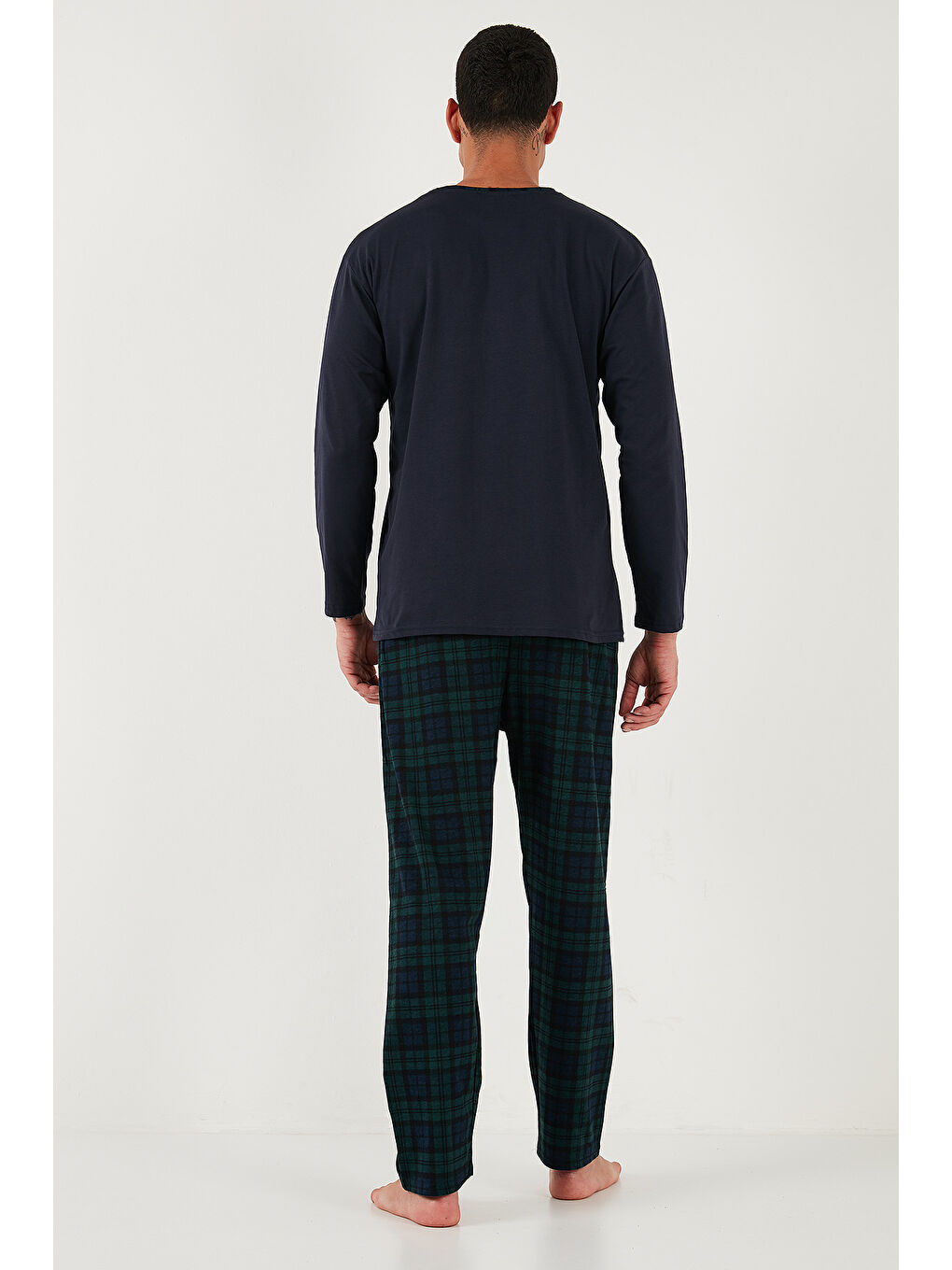 Lacivert Pamuklu Regular Fit Bisiklet Yaka Ekoseli %100 Pamuk Pijama Takımı 6574001-6