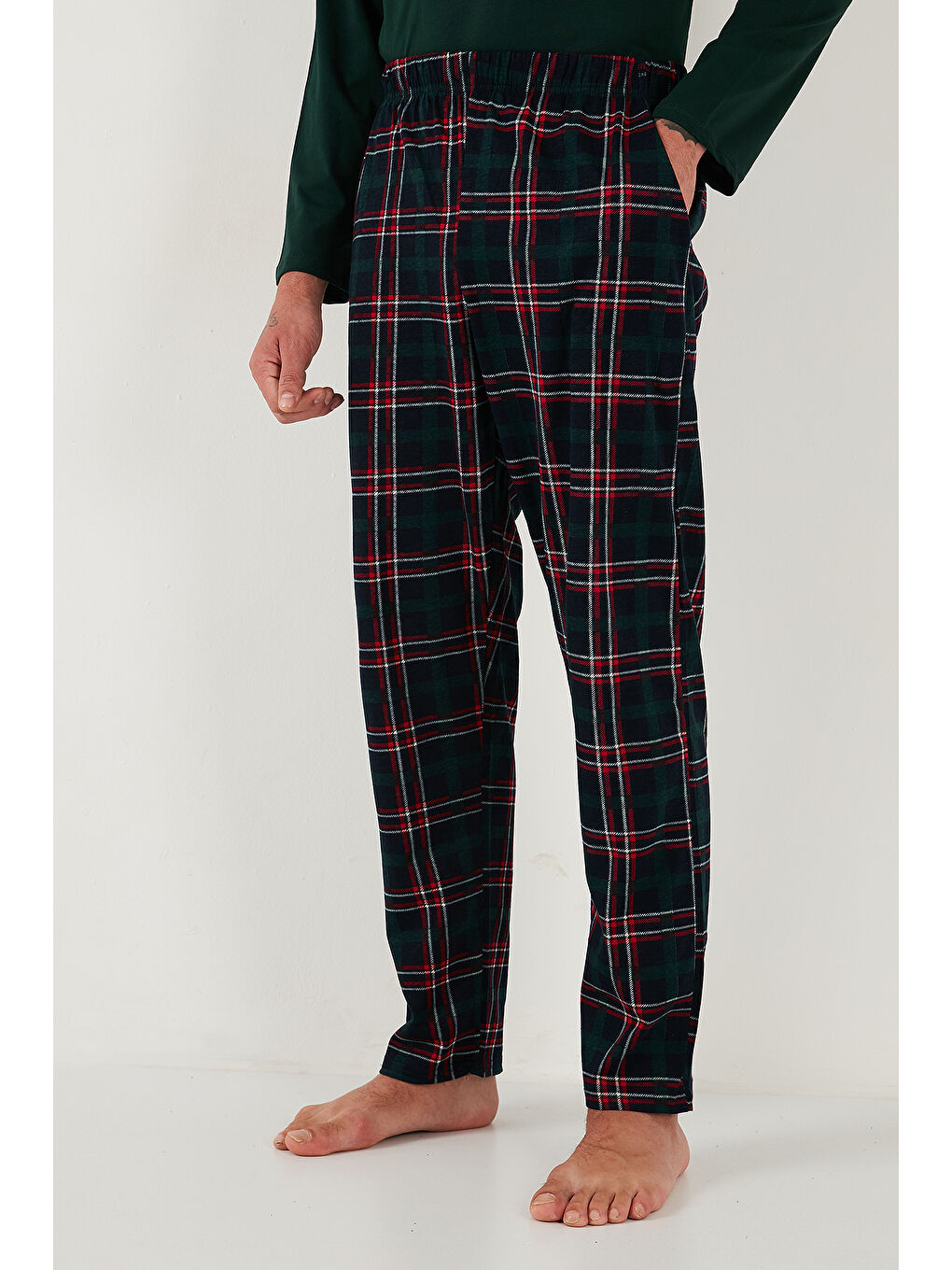 Yeşil Ekoseli Pamuklu Regular Fit Yükske Bel Bisiklet Yaka %100 Pamuk Pijama Takımı 6574000-5