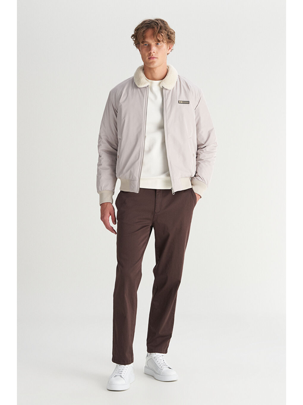 Bej Regular Fit Normal Kesim Gömlek Yaka Cepli Bomber Ceket Mont-1