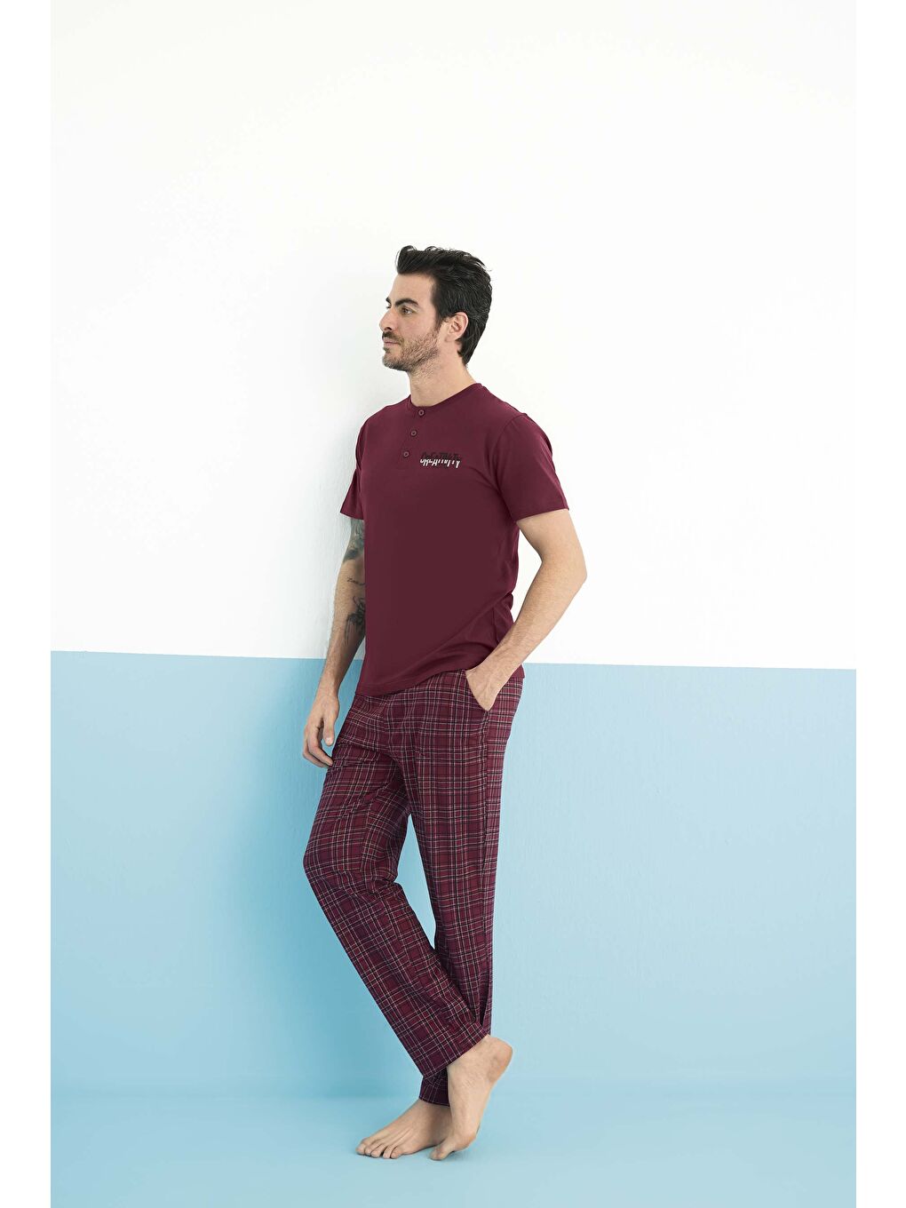 Bordo Erkek Penye Bisiklet Yaka Kısa Kol %100 Pamuk Pijama Takım-1