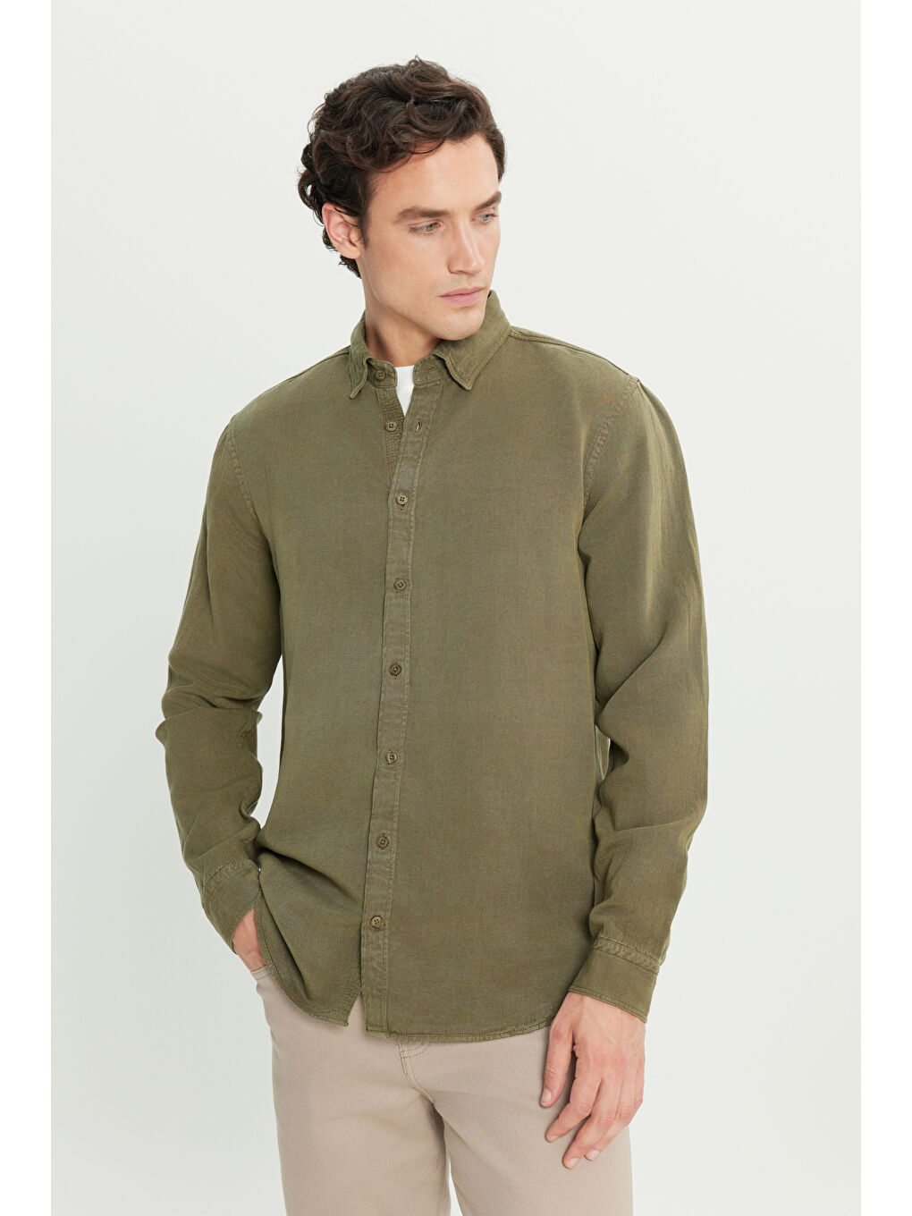 Regular Fit Normal Kesim Keten Pamuk Karışımlı Haki Gömlek