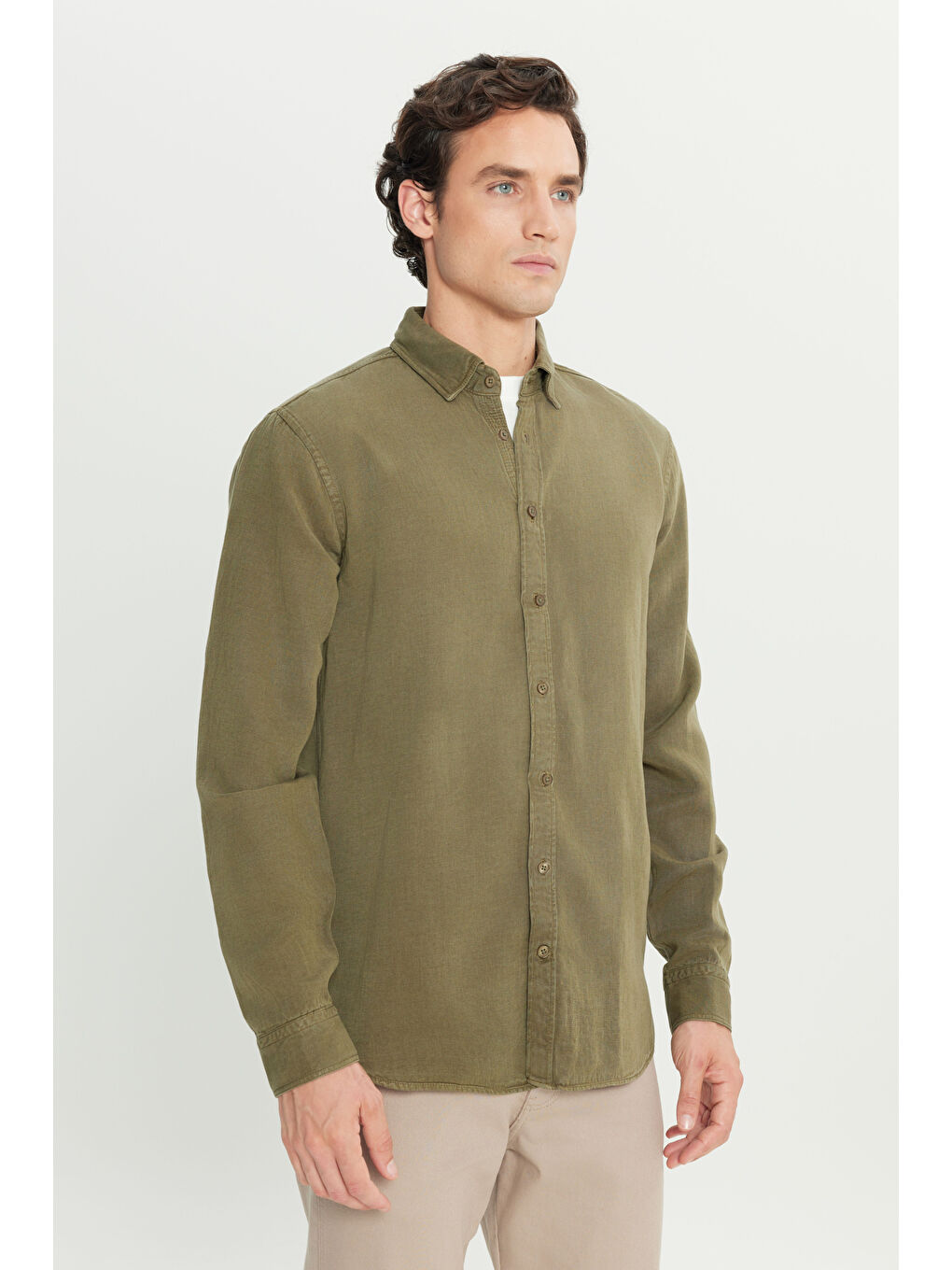 Regular Fit Normal Kesim Keten Pamuk Karışımlı Haki Gömlek-1