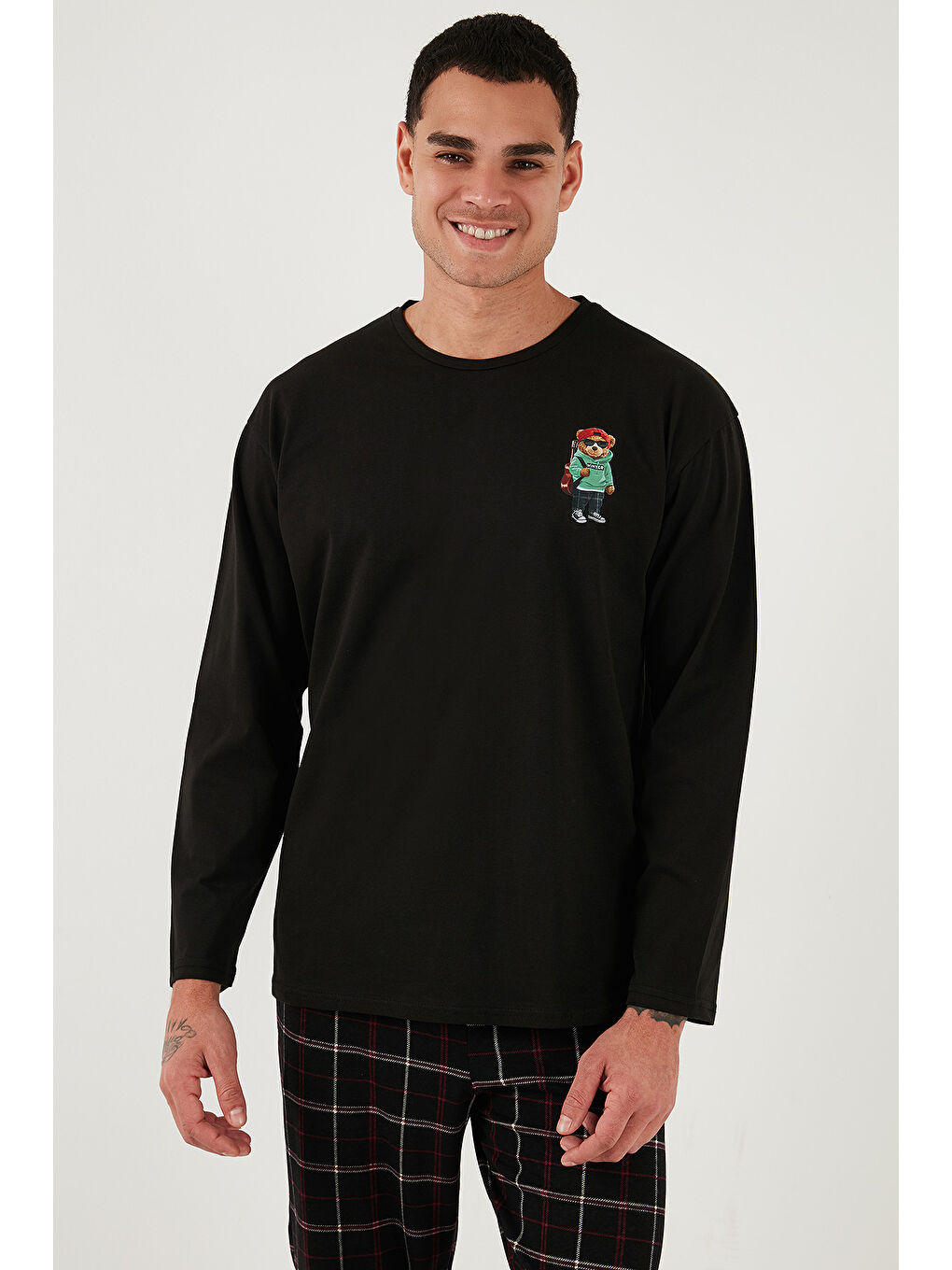 Siyah Ekoseli Regular Fit Yüksek Bel Cepli Bisiklet Yaka %100 Pamuk Pijama Takımı 6574002-2