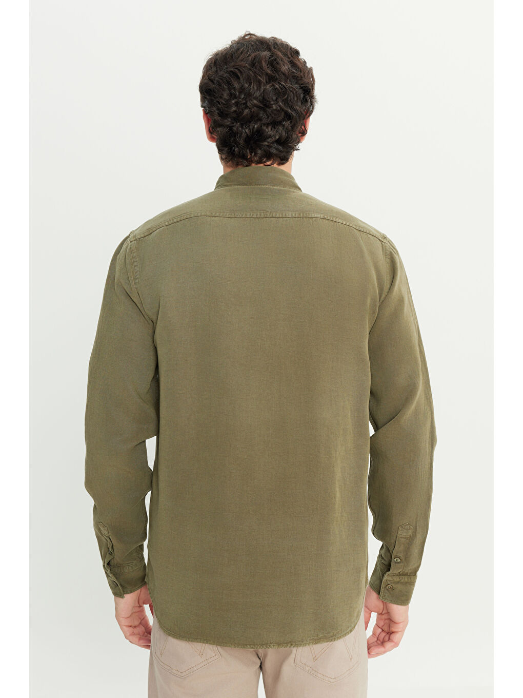 Regular Fit Normal Kesim Keten Pamuk Karışımlı Haki Gömlek-4