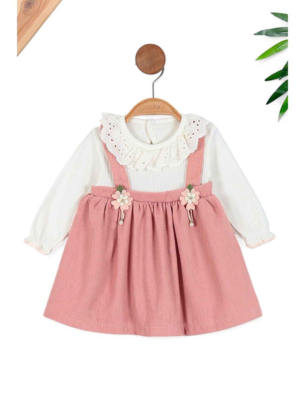 Pembe Kız Bebek Fitilli Dokulu Mevsimlik Elbise